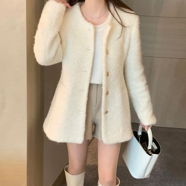 Jesong-V-Neck Plain Button-Up Coat