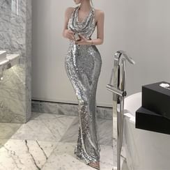 Halter Cowl Neck Sequin Open Back Mermaid Evening Dress