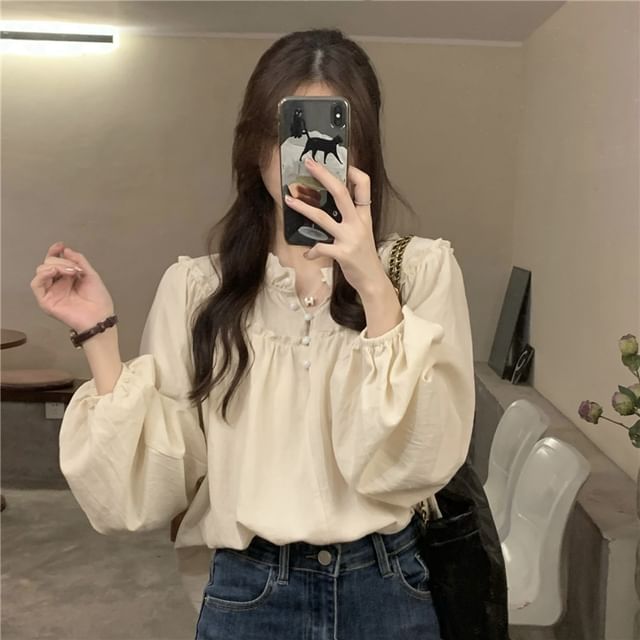 Sienne-V-Neck Plain Ruffle Blouse