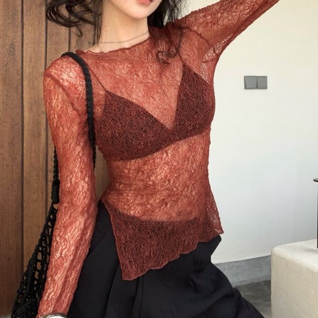 Joyciful-Long-Sleeve Crew Neck Asymmetrical Lettuce Edge See-Through Lace Top