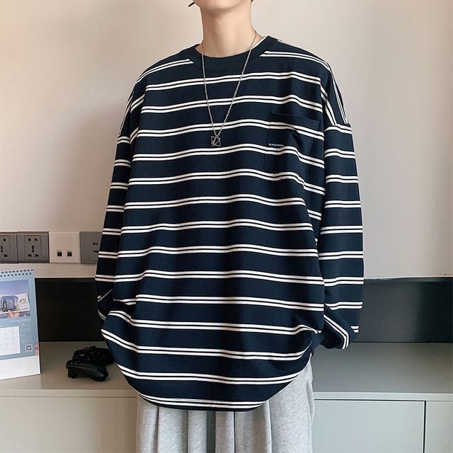 Whyessa-Round Neck Striped Oversized T-Shirt