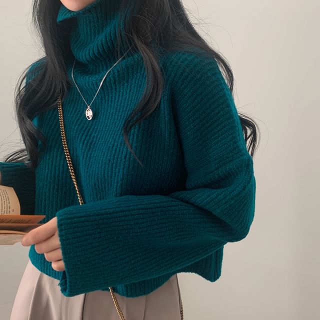 MIKIGA-Long Sleeve Turtleneck Loose Crop Sweater