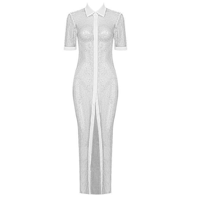 Amanti - Short-Sleeve Rhinestone Mesh Maxi Shirt Dress | YesStyle Amanti - Short-Sleeve Rhinestone Mesh Maxi Shirt Dress | YesStyle