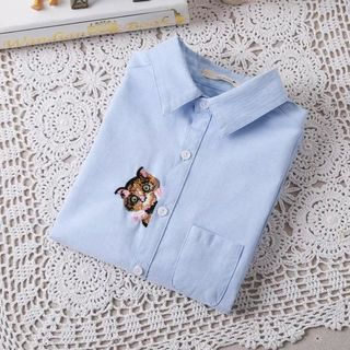 Long-Sleeve Embroidered Cat Shirt 