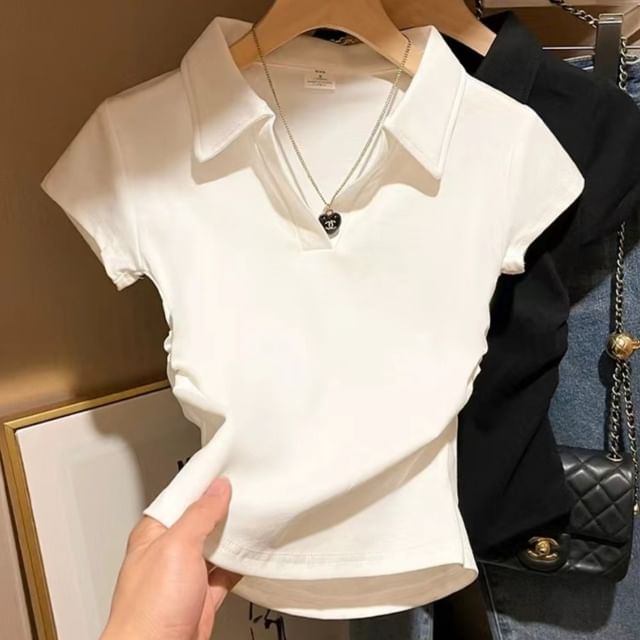 Everose-Short-Sleeve Polo Neck Plain Tee