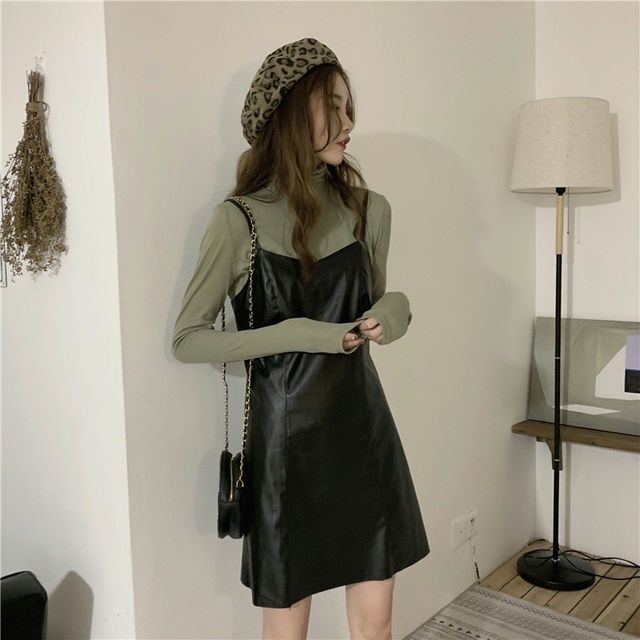 chinese dress ladies DEEP NECK SLIT HEM FAUX LEATHER DRESS – Riah Fashion