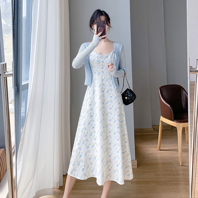 Aurora - Spaghetti Strap Scoop Neck Floral Midi A-Line Dress / Light  Cardigan | YesStyle