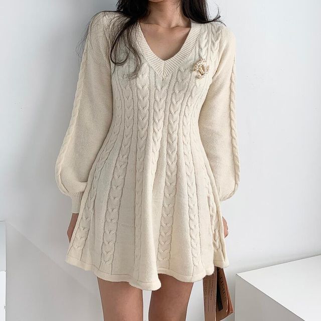 Brigitte - Long-Sleeve V-Neck Cable Knit Mini A-Line Sweater Dress