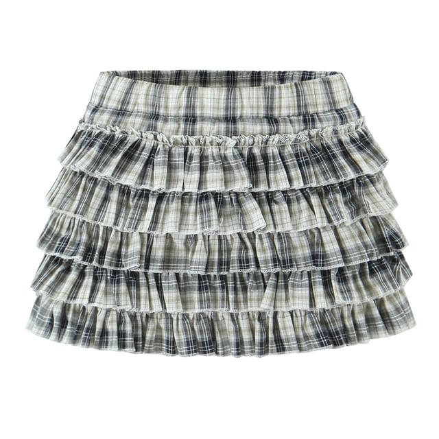 Ulark-High Rise Plaid Mini Tiered Skirt