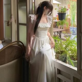 Dute Sleeveless Square Neck Plain Ruffle Maxi A-Line Dress Sale