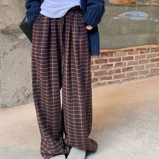 Everose-Drawstring Waist Plaid Wide Leg Pants