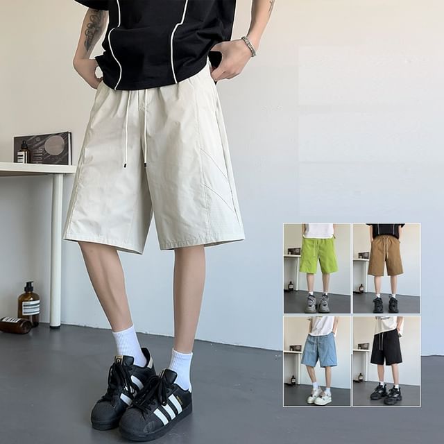 Soulcity-Drawstring Waist Plain Wide Leg Shorts