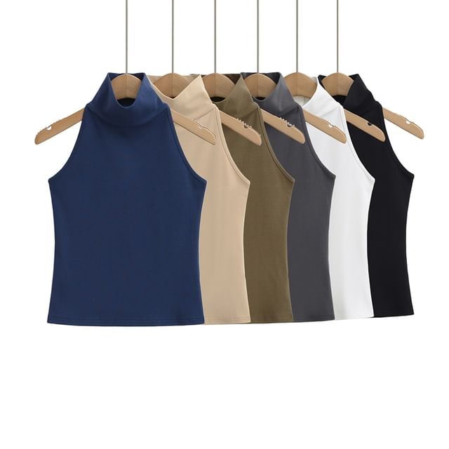 Ulark-Turtleneck Plain Halter Top