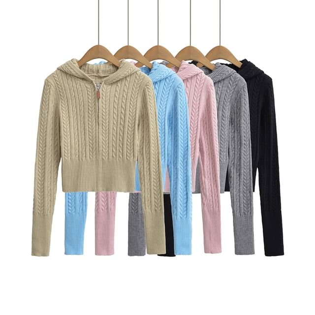 Ulark-Hooded Plain Cable Knit Zip Up Cropped Cardigan