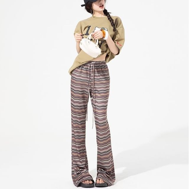 Denimot-Drawstring Waist Striped Bootcut Pants