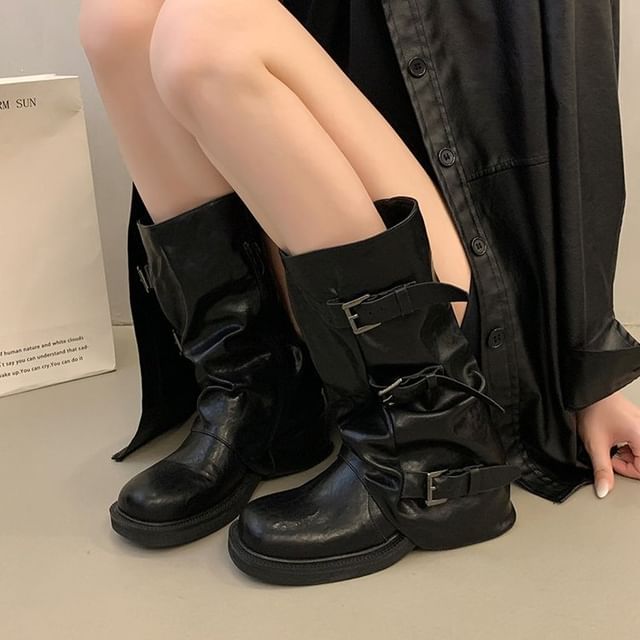 Niuna-Buckled Chunky Heel Mid-Calf Boots