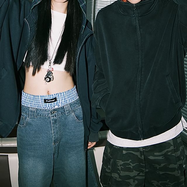 JUN-LEE-Couple Matching Stand Collar Plaid Panel Zip Hoodie