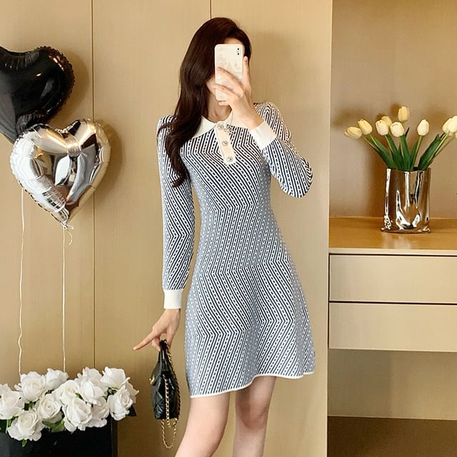 chinese dress ladies Thick Tweed Warm Long Sleeve Pleated Mini Dress Picture Color / XL