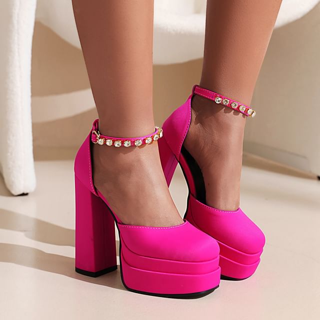 Cinnabelle-Platform Rhinestone Ankle Strap Block Heel Pumps