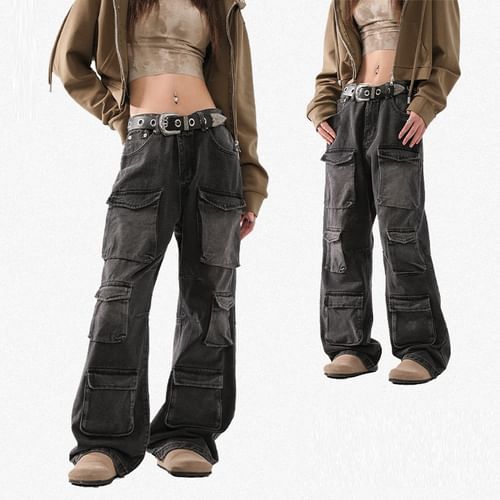 Mid Rise Washed Wide Leg Cargo Jeans