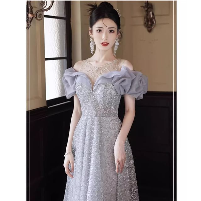 MSSBridal - Cold-Shoulder Glitter Ruffled A-Line Evening Gown | YesStyle