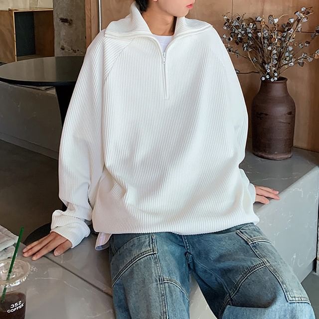Obikan-Half-Zip Plain Ribbed Oversized Sweatshirt