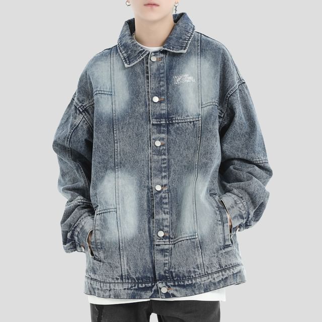 INStudio-Collared Washed Panel Button Denim Jacket