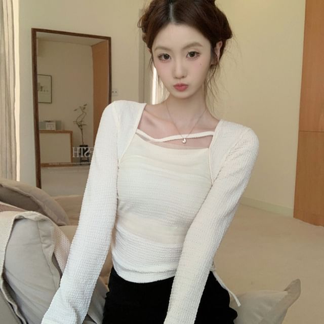 ANORA-Mock Two-Piece Long-Sleeve Square-Neck Plain Drawstring T-Shirt
