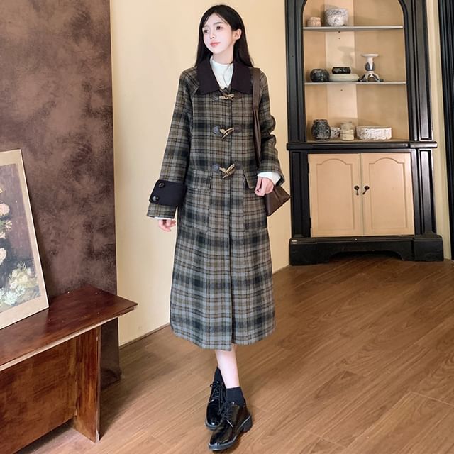 Sienne-Collared Toggle Plaid Long Coat