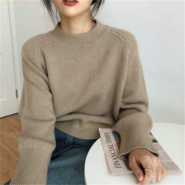 Sienne-Mock Neck Plain Sweater