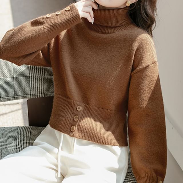Magimomo-Turtleneck Plain Crop Button Sweater