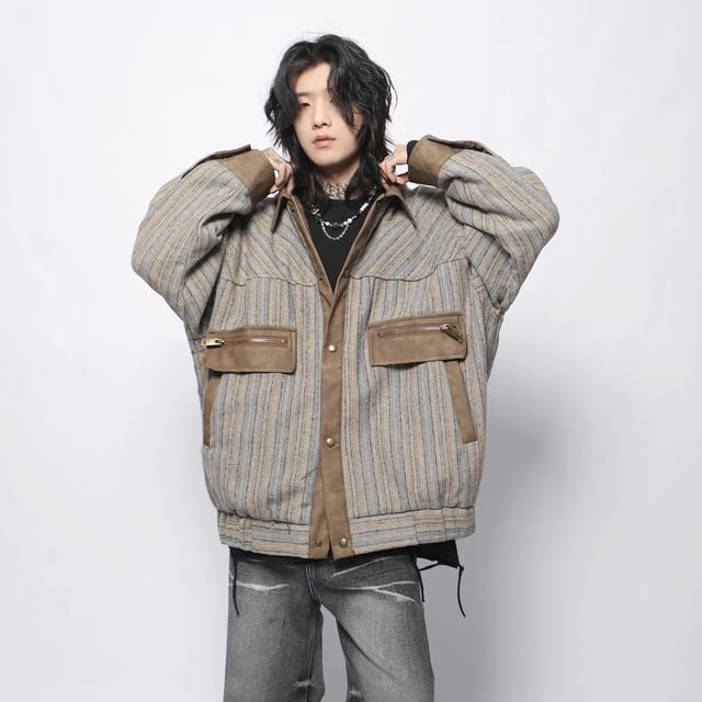 Derbundy-Collared Herringbone Panel Faux Leather Button Jacket