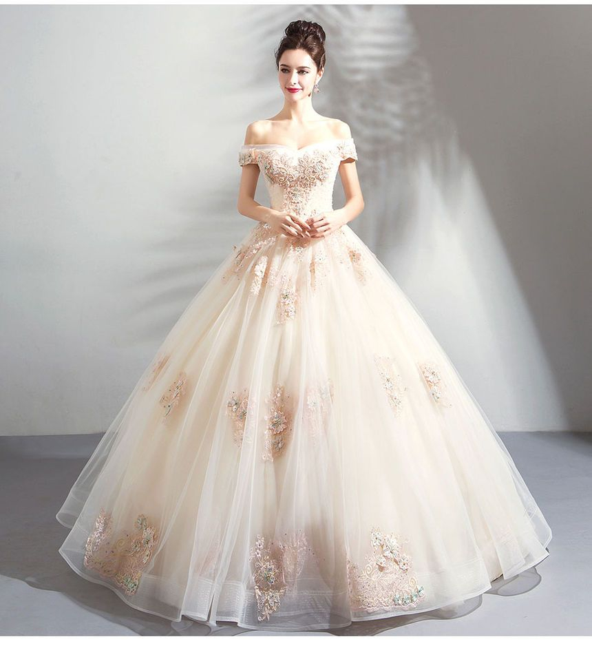 Angel Bridal - Off-Shoulder Short-Sleeve Embroidered Wedding Ball Gown |  YesStyle