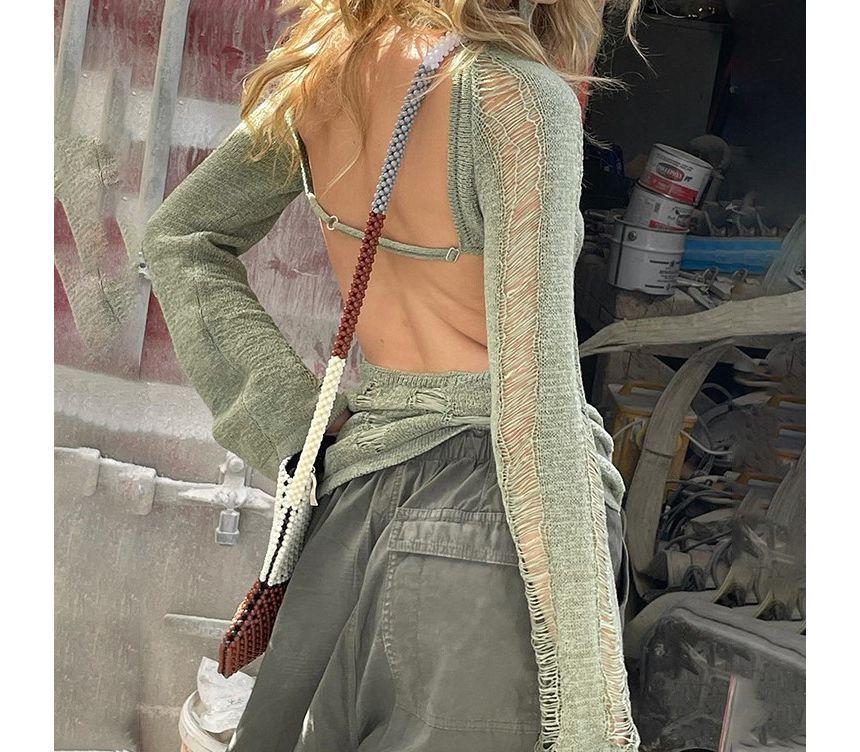 Limcreezy - Long Sleeve Distressed Backless Knit Top | YesStyle
