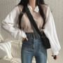 Mock Two-Piece Long-Sleeve Two Tone Panel Blouse