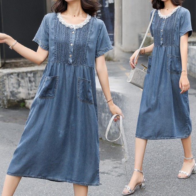 short sleeve denim midi dress