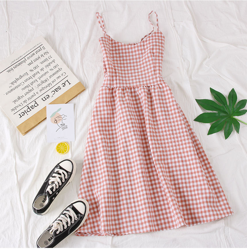 spaghetti strap gingham dress