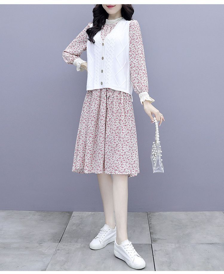 CUBABE - Set: Long-Sleeve Floral Print Midi A-Line Dress / Cable