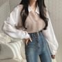 Mock Two-Piece Long-Sleeve Two Tone Panel Blouse