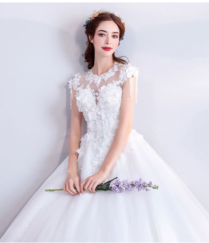 angel bridal - 盖袖花朵装饰晚礼服婚纱