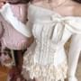 Set: Long Sleeve Off-Shoulder Bow Lace-Up Slim-Fit Knit Top + High Waist Lace-Trim Layered Mini Skirt
