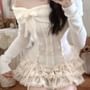 Set: Long Sleeve Off-Shoulder Bow Lace-Up Slim-Fit Knit Top + High Waist Lace-Trim Layered Mini Skirt