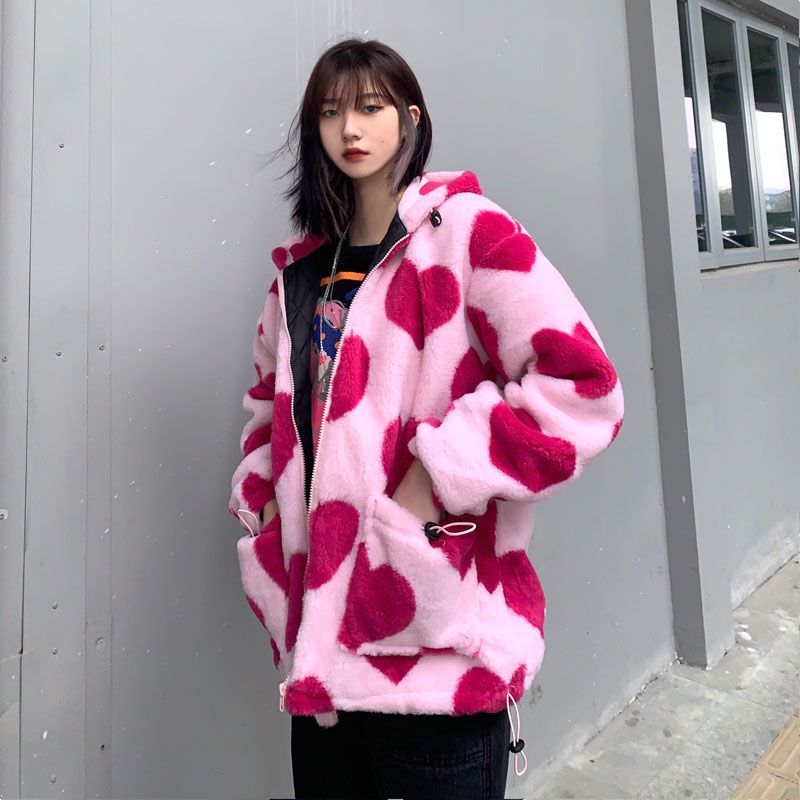 Heart Print Fleece Zip-Up Hooded Jacket 