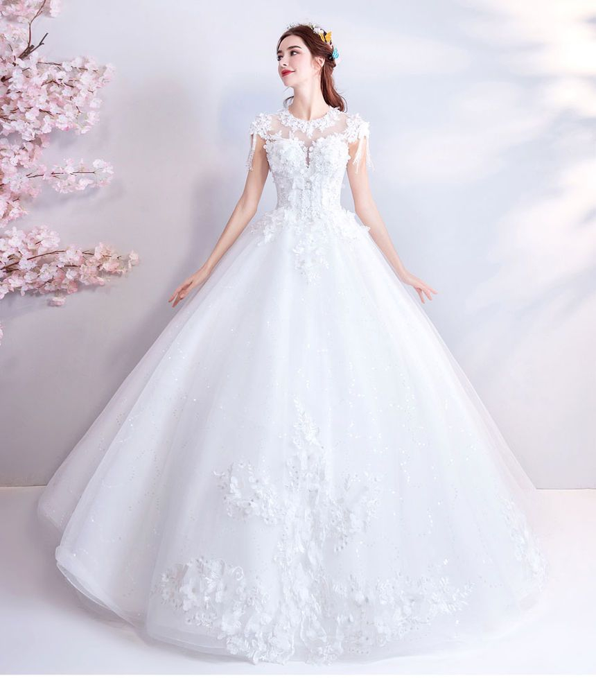 angel bridal - 盖袖花朵装饰晚礼服婚纱