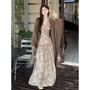 Plain Cardigan / Long-Sleeve V-Neck Floral Print Maxi A-Line Dress