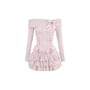Set: Long Sleeve Off-Shoulder Bow Lace-Up Slim-Fit Knit Top + High Waist Lace-Trim Layered Mini Skirt