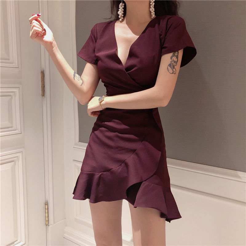 Short-Sleeve Ruffle Wrap Mini Dress ...