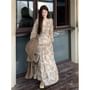 Plain Cardigan / Long-Sleeve V-Neck Floral Print Maxi A-Line Dress