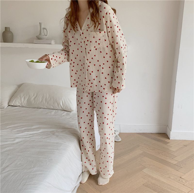 Tanee Pajama Set Heart Print Long Sleeve Loose Fit Top Pants Yesstyle