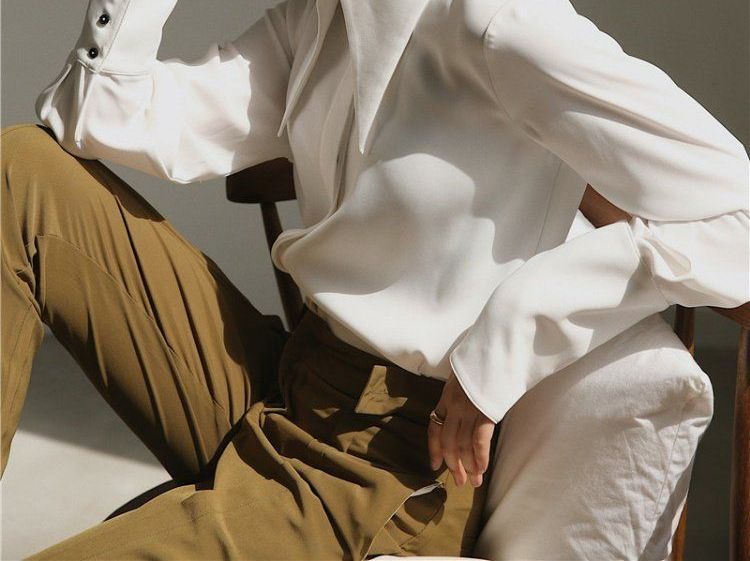 Long-Sleeve Pointed Collar Plain Shirt